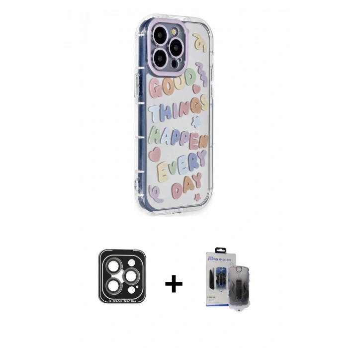 MARSİLYAN™- iPhone 15 Pro Max Kılıf Ahenk Modern Serisi - Siyah Vanessa Magic Hayalet Cam + PVD Metal Kamera Lens - GI
