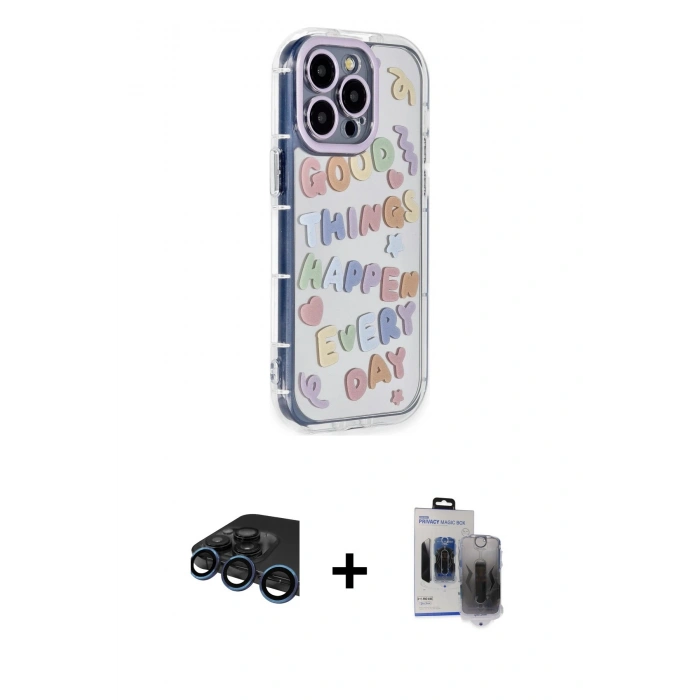 MARSİLYAN™- iPhone 15 Pro Max Kılıf Ahenk Modern Serisi - Siyah Vanessa Magic Hayalet Cam + Raze Metal Kamera Lens - LT