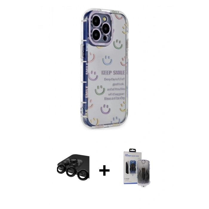 MARSİLYAN™- iPhone 15 Pro Max Kılıf Ahenk Modern Serisi - Siyah Vanessa Magic Hayalet Cam + Raze Metal Kamera Lens - SH