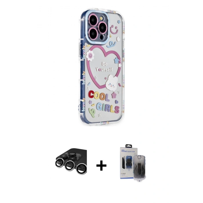 MARSİLYAN™- iPhone 15 Pro Max Kılıf Ahenk Modern Serisi - Siyah Vanessa Magic Hayalet Cam + Raze Metal Kamera Lens - GS