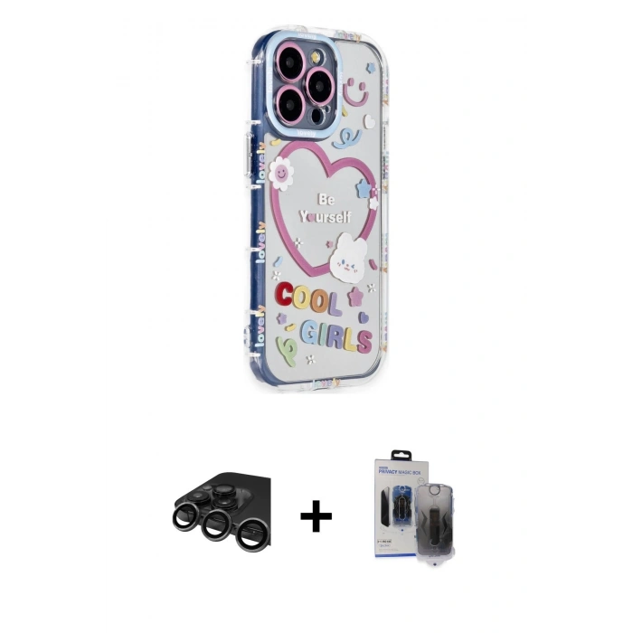 MARSİLYAN™- iPhone 15 Pro Max Kılıf Ahenk Modern Serisi - Siyah Vanessa Magic Hayalet Cam + Raze Metal Kamera Lens - TMGI