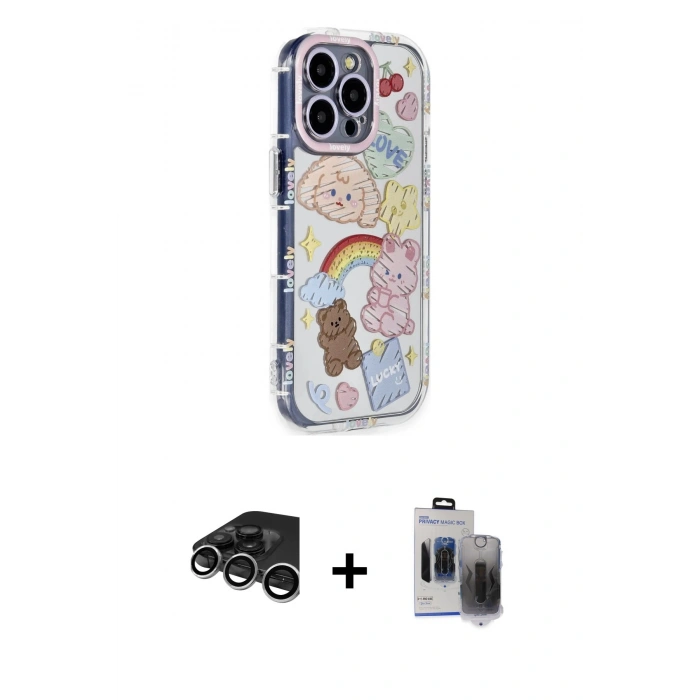 MARSİLYAN™- iPhone 15 Pro Max Kılıf Ahenk Modern Serisi - Siyah Vanessa Magic Hayalet Cam + Raze Metal Kamera Lens - GS
