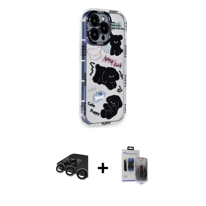 MARSİLYAN™- iPhone 15 Pro Max Kılıf Ahenk Modern Serisi - Siyah Vanessa Magic Hayalet Cam + Raze Metal Kamera Lens - TMGI