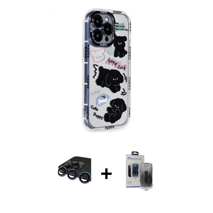 MARSİLYAN™- iPhone 15 Pro Max Kılıf Ahenk Modern Serisi - Siyah Vanessa Magic Hayalet Cam + Raze Metal Kamera Lens - LT