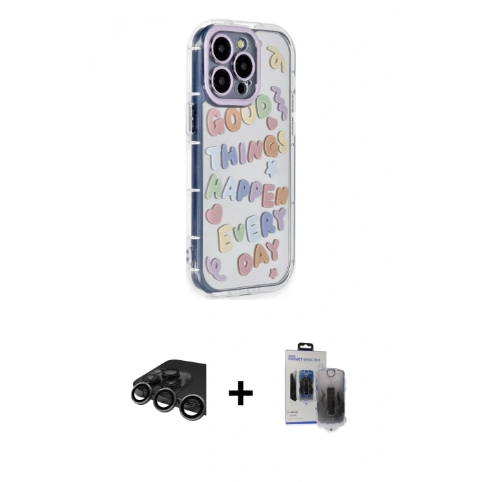 MARSİLYAN™- iPhone 15 Pro Max Kılıf Ahenk Modern Serisi - Siyah Vanessa Magic Hayalet Cam + Raze Metal Kamera Lens - TMGI