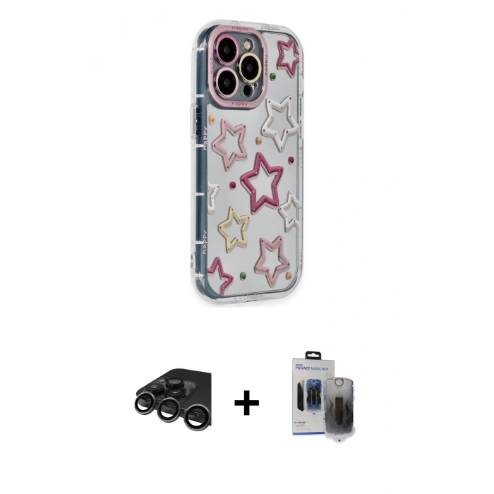 MARSİLYAN™- iPhone 15 Pro Max Kılıf Ahenk Modern Serisi - Siyah Vanessa Magic Hayalet Cam + Raze Metal Kamera Lens - TMGI