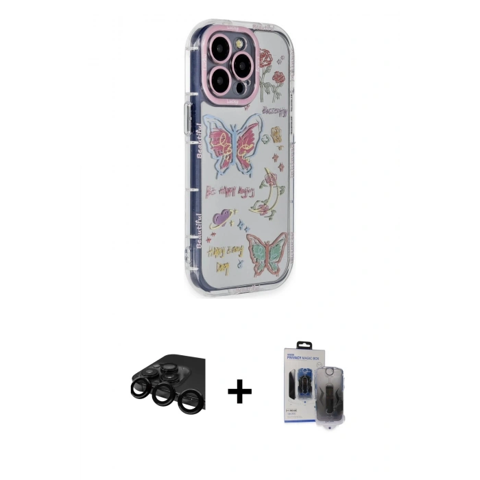 MARSİLYAN™- iPhone 15 Pro Max Kılıf Ahenk Modern Serisi - Siyah Vanessa Magic Hayalet Cam + Raze Metal Kamera Lens - SH