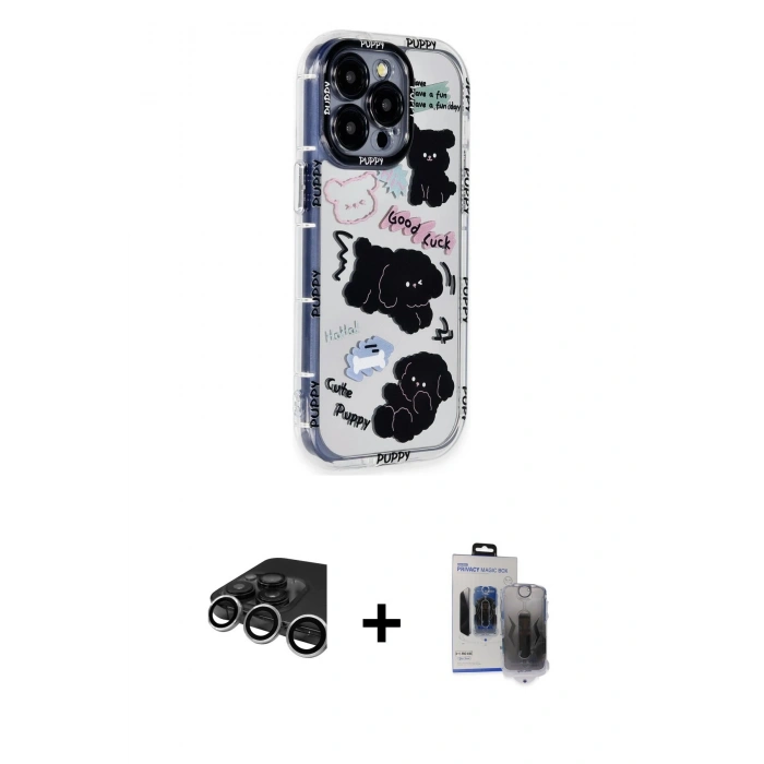 MARSİLYAN™- iPhone 15 Pro Max Kılıf Ahenk Modern Serisi - Siyah Vanessa Magic Hayalet Cam + Raze Metal Kamera Lens - GS