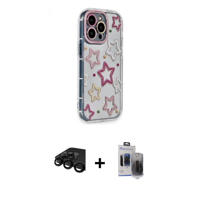 MARSİLYAN™- iPhone 15 Pro Max Kılıf Ahenk Modern Serisi - Siyah Vanessa Magic Hayalet Cam + Raze Metal Kamera Lens - SH