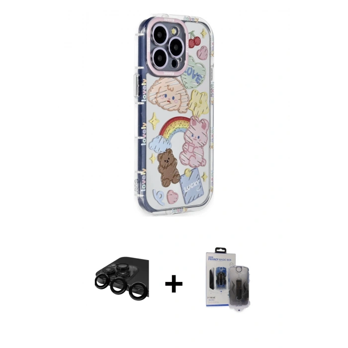 MARSİLYAN™- iPhone 15 Pro Max Kılıf Ahenk Modern Serisi - Siyah Vanessa Magic Hayalet Cam + Raze Metal Kamera Lens - SH