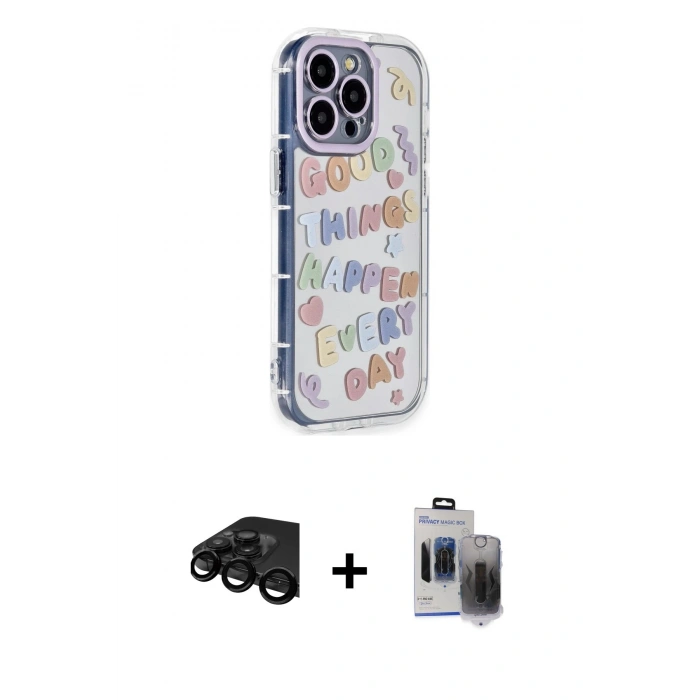 MARSİLYAN™- iPhone 15 Pro Max Kılıf Ahenk Modern Serisi - Siyah Vanessa Magic Hayalet Cam + Raze Metal Kamera Lens - SH