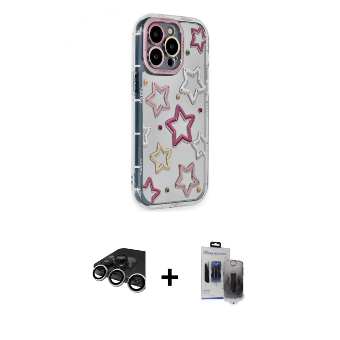 MARSİLYAN™- iPhone 15 Pro Max Kılıf Ahenk Modern Serisi - Siyah Vanessa Magic Hayalet Cam + Raze Metal Kamera Lens - GS