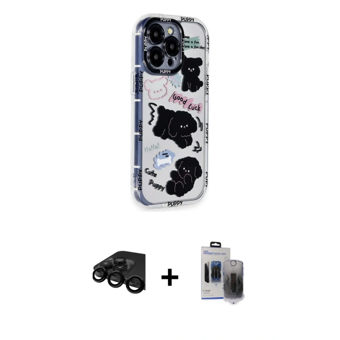 MARSİLYAN™- iPhone 15 Pro Max Kılıf Ahenk Modern Serisi - Siyah Vanessa Magic Hayalet Cam + Raze Metal Kamera Lens - SH