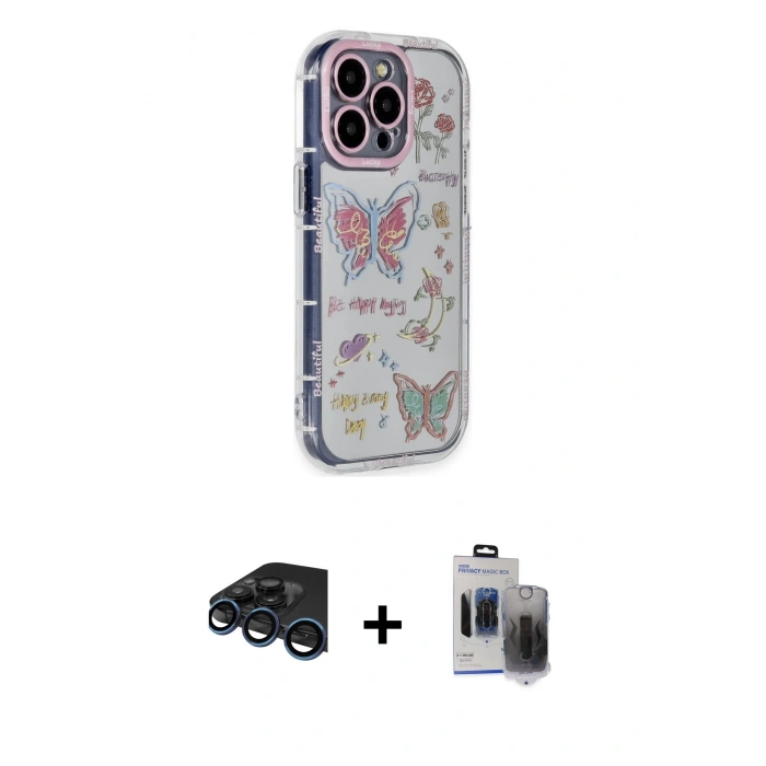 MARSİLYAN™- iPhone 15 Pro Max Kılıf Ahenk Modern Serisi - Siyah Vanessa Magic Hayalet Cam + Raze Metal Kamera Lens - LT