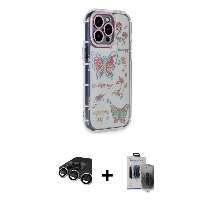 MARSİLYAN™- iPhone 15 Pro Max Kılıf Ahenk Modern Serisi - Siyah Vanessa Magic Hayalet Cam + Raze Metal Kamera Lens - GS