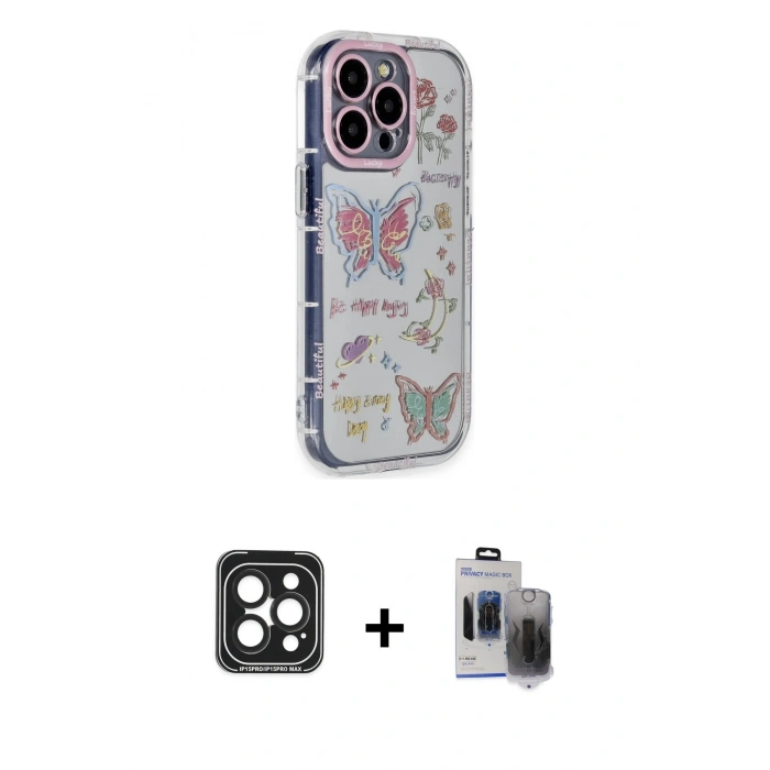 MARSİLYAN™- iPhone 15 Pro Max Kılıf Ahenk Modern Serisi - Siyah Vanessa Magic Hayalet Cam + Siyah PVD Metal Kamera Lens