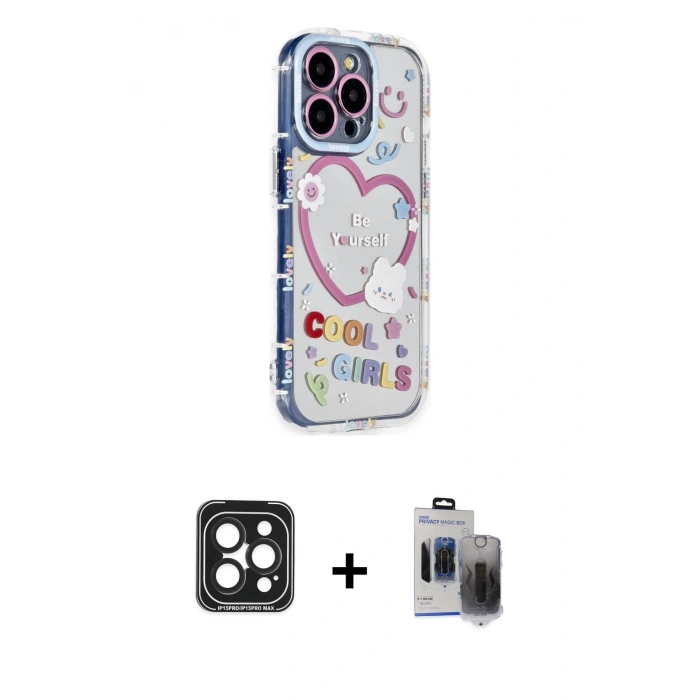 MARSİLYAN™- iPhone 15 Pro Max Kılıf Ahenk Modern Serisi - Siyah Vanessa Magic Hayalet Cam + Siyah PVD Metal Kamera Lens