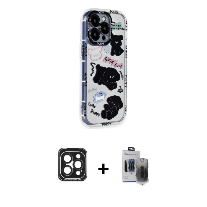 MARSİLYAN™- iPhone 15 Pro Max Kılıf Ahenk Modern Serisi - Siyah Vanessa Magic Hayalet Cam + Siyah PVD Metal Kamera Lens