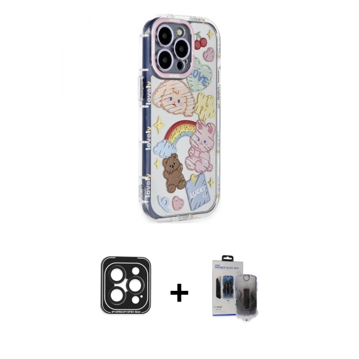 MARSİLYAN™- iPhone 15 Pro Max Kılıf Ahenk Modern Serisi - Siyah Vanessa Magic Hayalet Cam + Siyah PVD Metal Kamera Lens