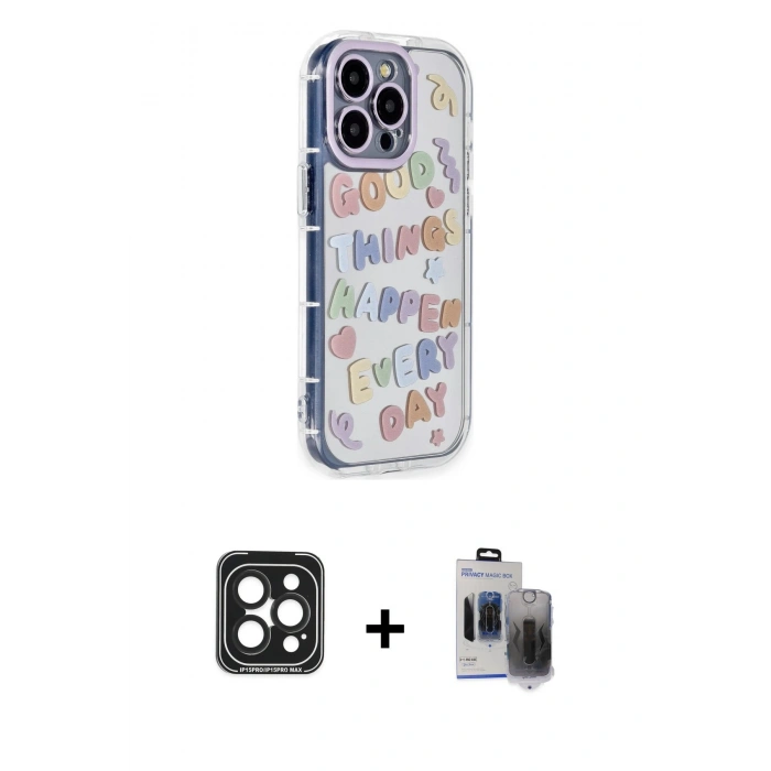 MARSİLYAN™- iPhone 15 Pro Max Kılıf Ahenk Modern Serisi - Siyah Vanessa Magic Hayalet Cam + Siyah PVD Metal Kamera Lens
