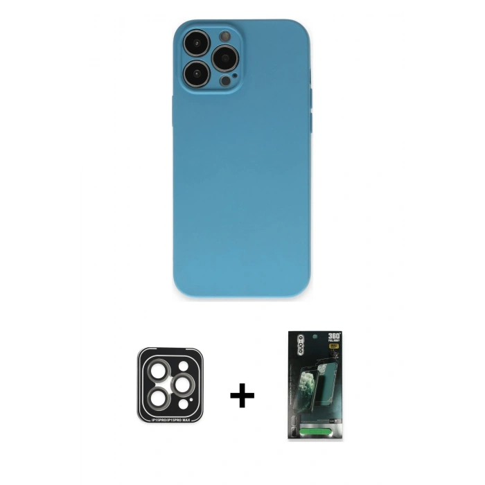 MARSİLYAN™- iPhone 15 Pro Max Kılıf Ahenk Serisi - Şeffaf 360 Full Body Arka Koruyucu + PVD Metal Kamera Lens - GI