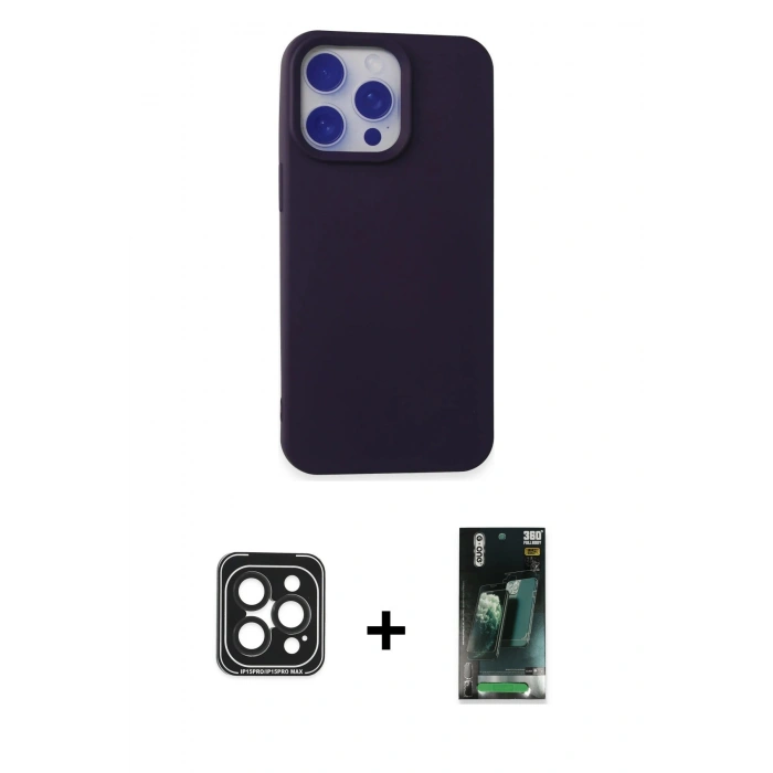 MARSİLYAN™- iPhone 15 Pro Max Kılıf Ahenk Serisi - Şeffaf 360 Full Body Arka Koruyucu + PVD Metal Kamera Lens - SH