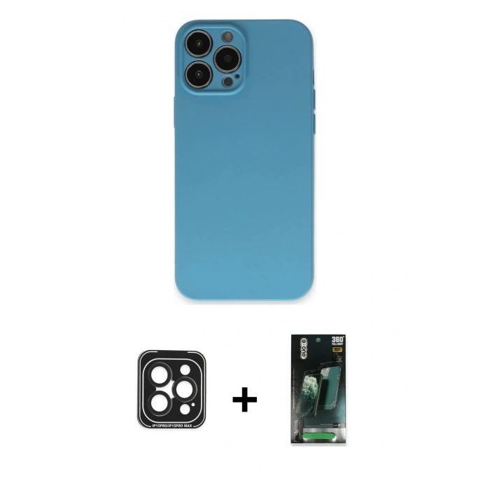 MARSİLYAN™- iPhone 15 Pro Max Kılıf Ahenk Serisi - Şeffaf 360 Full Body Arka Koruyucu + PVD Metal Kamera Lens - SH