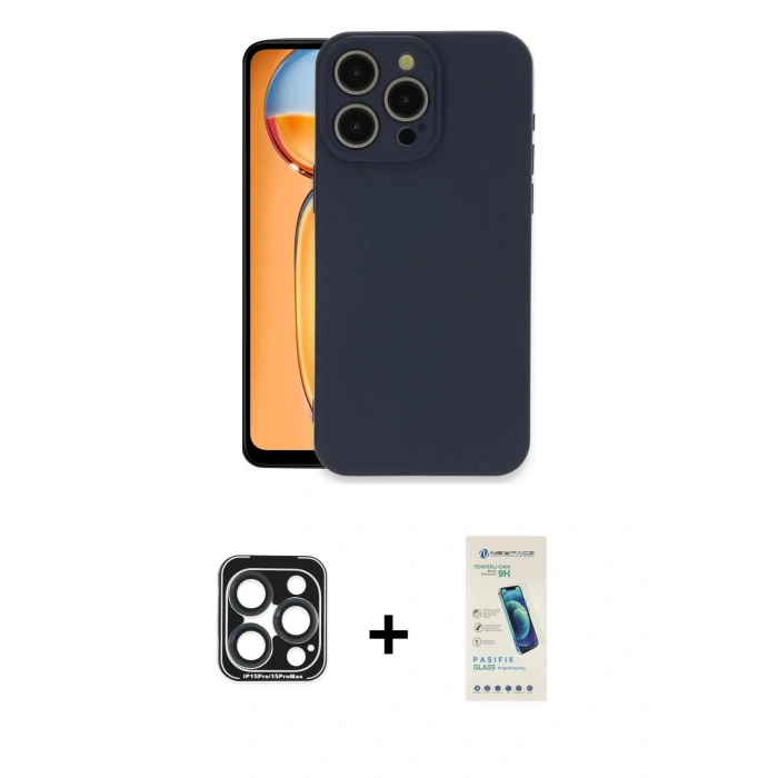 MARSİLYAN™- iPhone 15 Pro Max Kılıf Ahenk Serisi - Şeffaf Pasifik Cam Ekran Koruyucu + PVD Metal Kamera Lens - LT