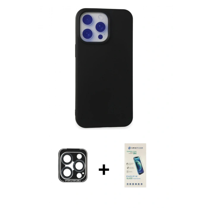 MARSİLYAN™- iPhone 15 Pro Max Kılıf Ahenk Serisi - Şeffaf Pasifik Cam Ekran Koruyucu + PVD Metal Kamera Lens - LT