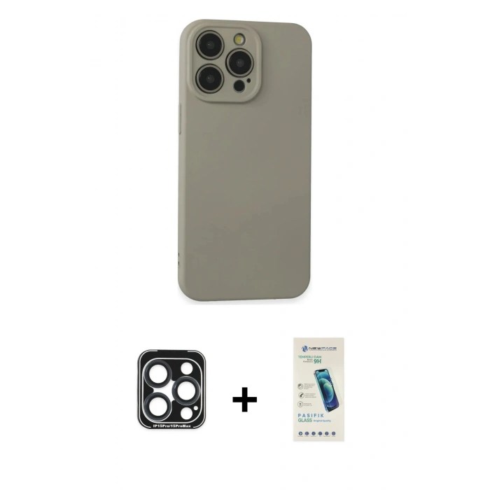 MARSİLYAN™- iPhone 15 Pro Max Kılıf Ahenk Serisi - Şeffaf Pasifik Cam Ekran Koruyucu + PVD Metal Kamera Lens - LT