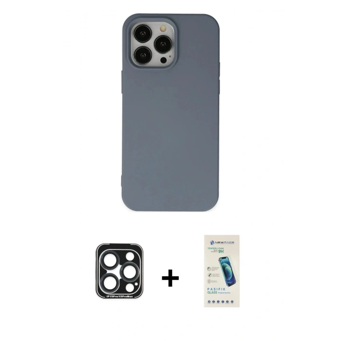 MARSİLYAN™- iPhone 15 Pro Max Kılıf Ahenk Serisi - Şeffaf Pasifik Cam Ekran Koruyucu + PVD Metal Kamera Lens - LT