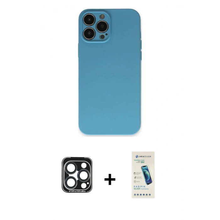 MARSİLYAN™- iPhone 15 Pro Max Kılıf Ahenk Serisi - Şeffaf Pasifik Cam Ekran Koruyucu + PVD Metal Kamera Lens - LT