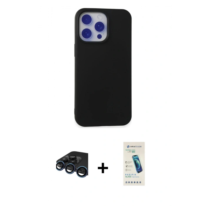 MARSİLYAN™- iPhone 15 Pro Max Kılıf Ahenk Serisi - Şeffaf Pasifik Cam Ekran Koruyucu + Raze Metal Kamera Lens - LT