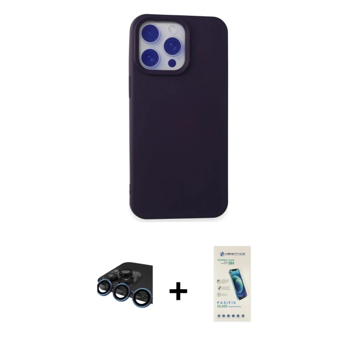MARSİLYAN™- iPhone 15 Pro Max Kılıf Ahenk Serisi - Şeffaf Pasifik Cam Ekran Koruyucu + Raze Metal Kamera Lens - LT
