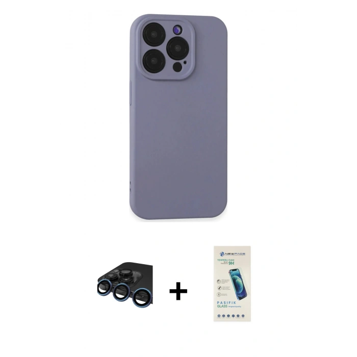 MARSİLYAN™- iPhone 15 Pro Max Kılıf Ahenk Serisi - Şeffaf Pasifik Cam Ekran Koruyucu + Raze Metal Kamera Lens - LT