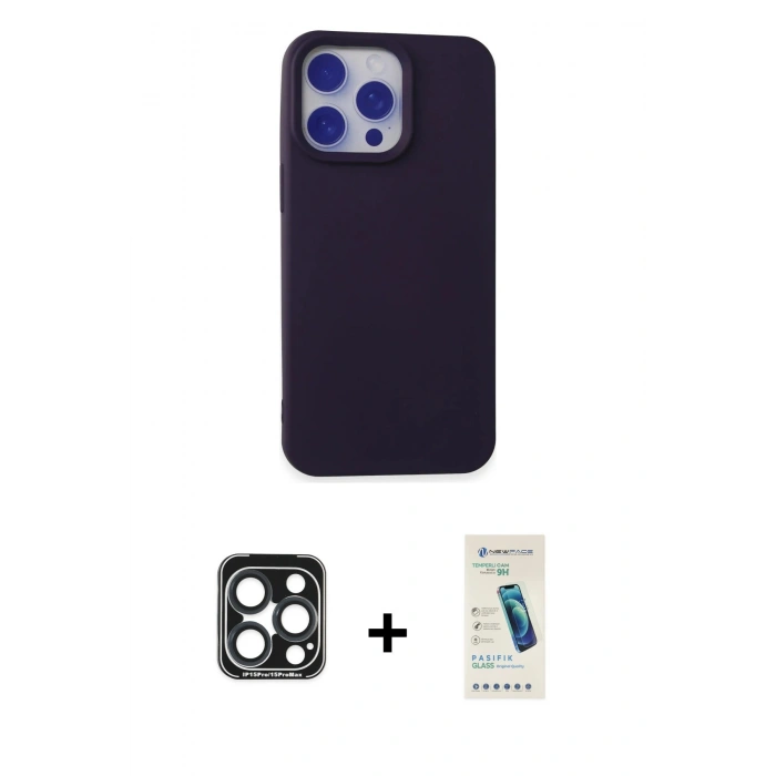MARSİLYAN™- iPhone 15 Pro Max Kılıf Ahenk Serisi - Şeffaf Pasifik Cam Ekran Koruyucu + PVD Metal Kamera Lens - LT