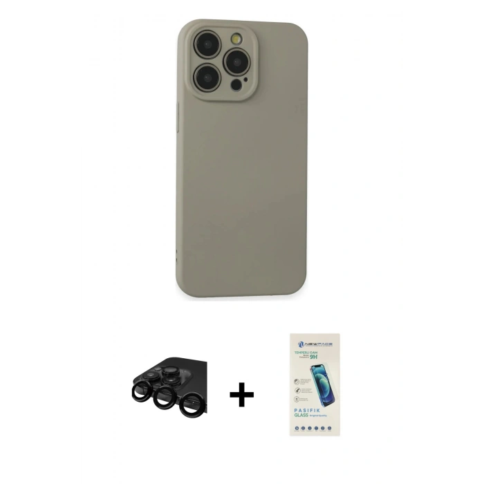 MARSİLYAN™- iPhone 15 Pro Max Kılıf Ahenk Serisi - Şeffaf Pasifik Cam Ekran Koruyucu + Siyah Raze Metal Kamera Lens