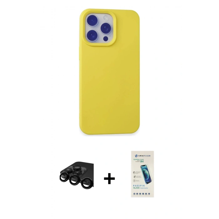 MARSİLYAN™- iPhone 15 Pro Max Kılıf Ahenk Serisi - Şeffaf Pasifik Cam Ekran Koruyucu + Siyah Raze Metal Kamera Lens