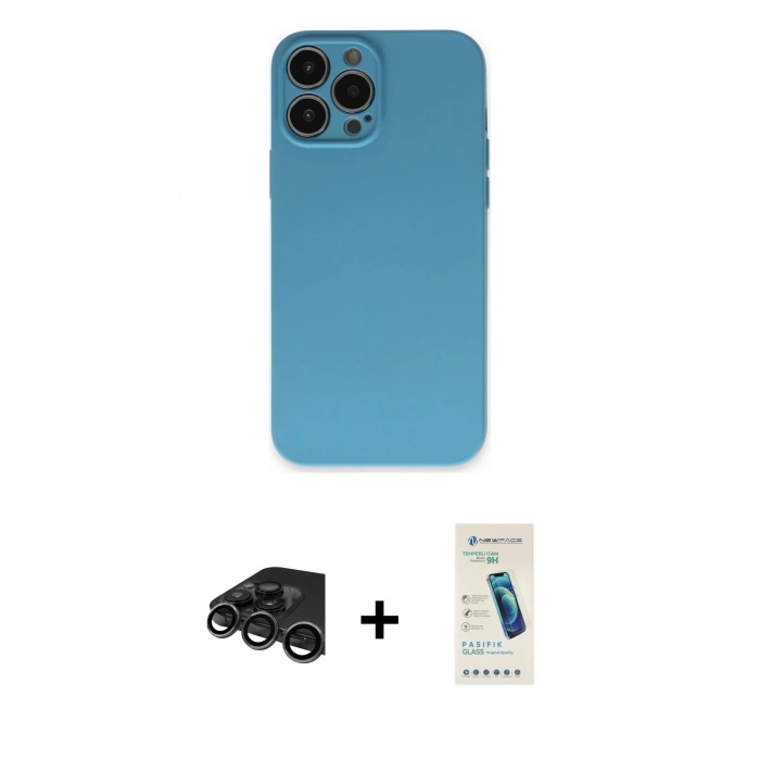 MARSİLYAN™- iPhone 15 Pro Max Kılıf Ahenk Serisi - Şeffaf Pasifik Cam Ekran Koruyucu + Raze Metal Kamera Lens - TMGI