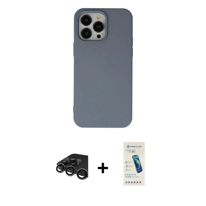 MARSİLYAN™- iPhone 15 Pro Max Kılıf Ahenk Serisi - Şeffaf Pasifik Cam Ekran Koruyucu + Raze Metal Kamera Lens - TMGI