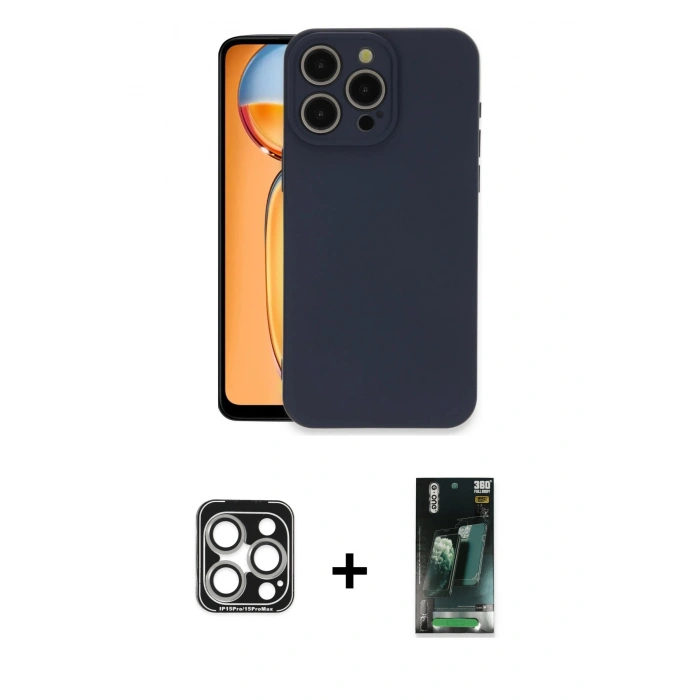 MARSİLYAN™- iPhone 15 Pro Max Kılıf Ahenk Serisi - Siyah 360 Mat Full Body Arka Koruyucu + PVD Metal Kamera Lens - GS