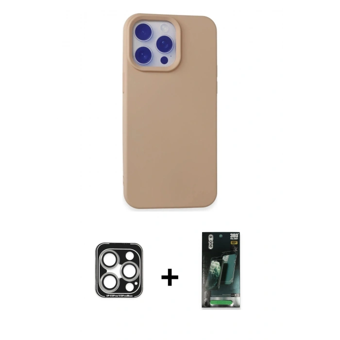 MARSİLYAN™- iPhone 15 Pro Max Kılıf Ahenk Serisi - Siyah 360 Mat Full Body Arka Koruyucu + PVD Metal Kamera Lens - GS