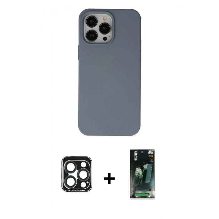 MARSİLYAN™- iPhone 15 Pro Max Kılıf Ahenk Serisi - Siyah 360 Mat Full Body Arka Koruyucu + PVD Metal Kamera Lens - LT
