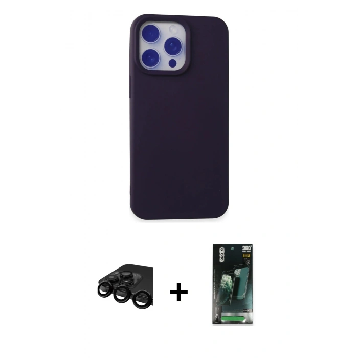 MARSİLYAN™- iPhone 15 Pro Max Kılıf Ahenk Serisi - Siyah 360 Mat Full Body Arka Koruyucu + Raze Metal Kamera Lens - SH