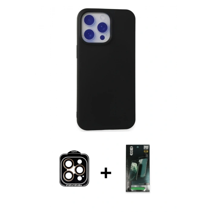 MARSİLYAN™- iPhone 15 Pro Max Kılıf Ahenk Serisi - Siyah 360 Mat Full Body Arka Koruyucu + Turuncu PVD Metal Kamera Lens