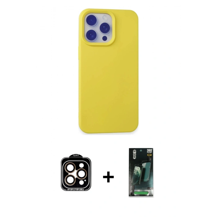 MARSİLYAN™- iPhone 15 Pro Max Kılıf Ahenk Serisi - Siyah 360 Mat Full Body Arka Koruyucu + Turuncu PVD Metal Kamera Lens