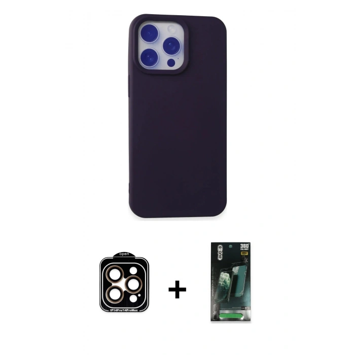MARSİLYAN™- iPhone 15 Pro Max Kılıf Ahenk Serisi - Siyah 360 Mat Full Body Arka Koruyucu + Turuncu PVD Metal Kamera Lens