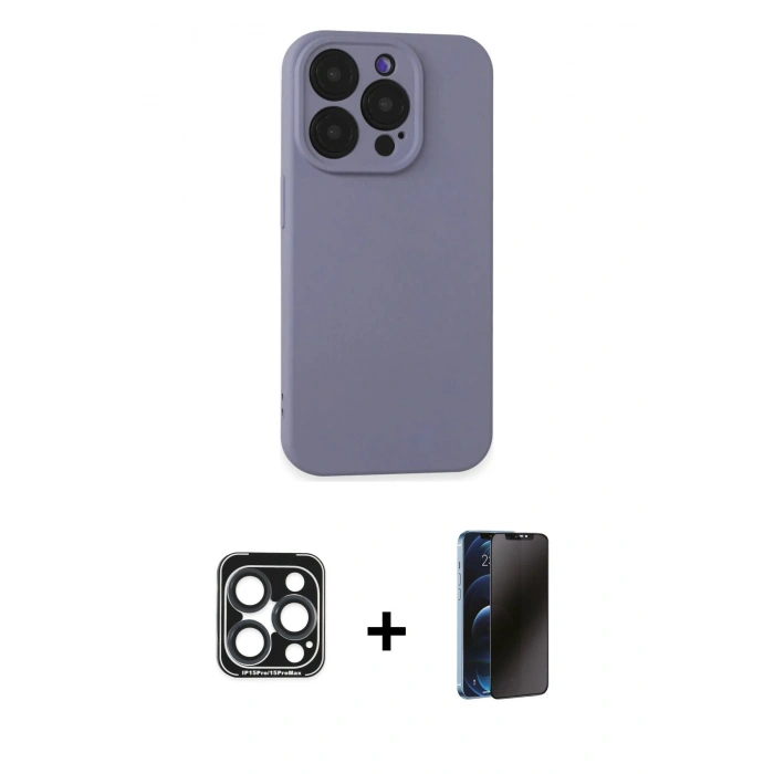 MARSİLYAN™- iPhone 15 Pro Max Kılıf Ahenk Serisi - Siyah 3D Antistatik Hayalet Cam Ekran Koruyucu + PVD Metal Kamera Lens - LT