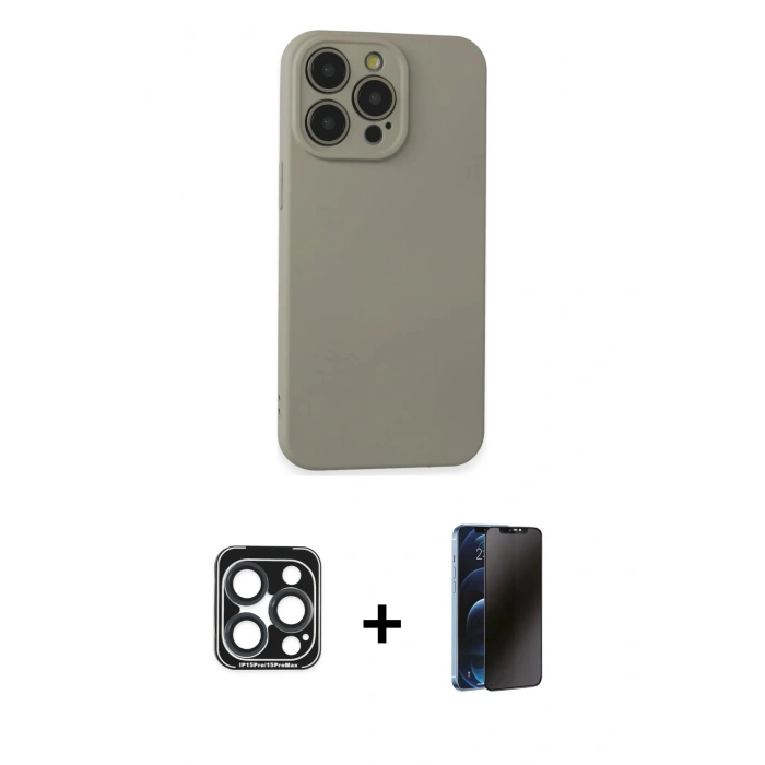 MARSİLYAN™- iPhone 15 Pro Max Kılıf Ahenk Serisi - Siyah 3D Antistatik Hayalet Cam Ekran Koruyucu + PVD Metal Kamera Lens - LT