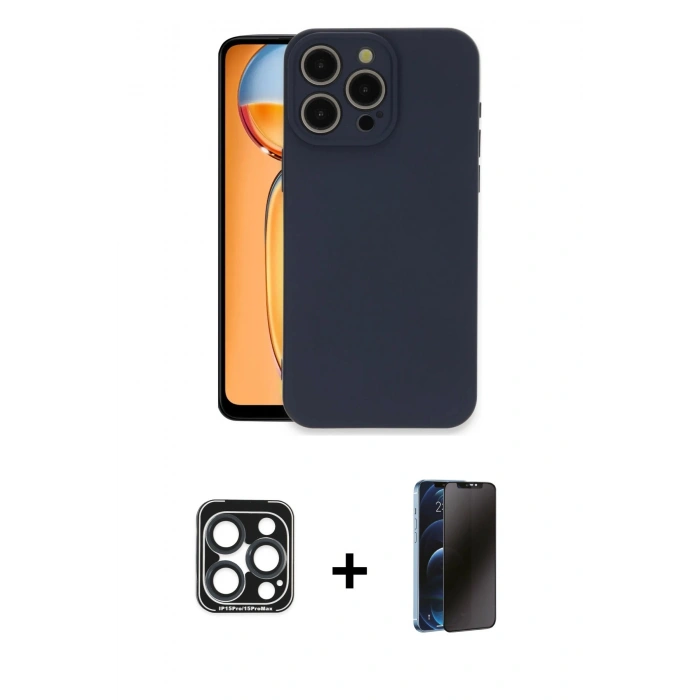 MARSİLYAN™- iPhone 15 Pro Max Kılıf Ahenk Serisi - Siyah 3D Antistatik Hayalet Cam Ekran Koruyucu + PVD Metal Kamera Lens - LT